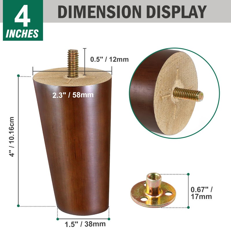 FoDau770 Brown Rubber Wood Furniture Legs 4 Inches, Slant Tapered Wood Legs Mid Century Sofa Legs Set of 4, 5/16"" UNC Furniture Feet Replacement Legs for Sofa Couch Dresser Chair Ottoman Table - Image 3